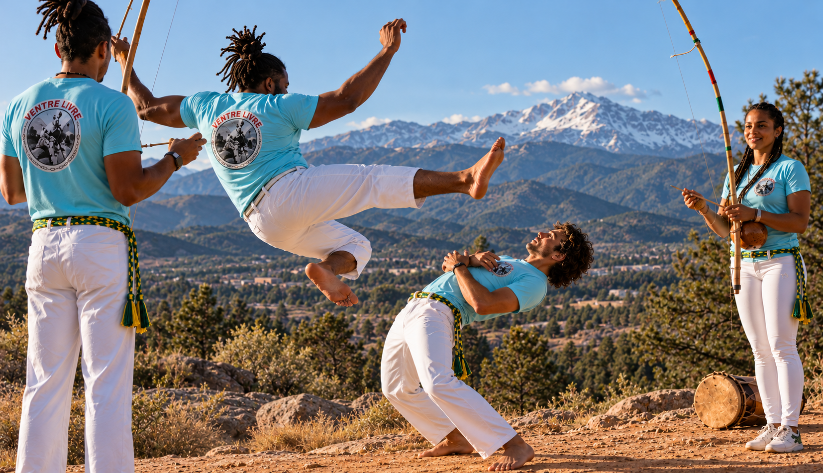 Ventre Livre capoeiristas playing on a Colorado overlook with Pikes Peak behind them
